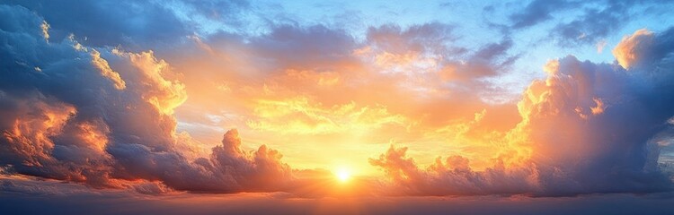 Fototapeta premium Vivid sunset sky with dramatic clouds illuminated by warm golden light and contrasting deep blue hues conveying a peaceful and awe-inspiring atmosphere