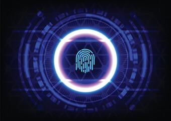 Fingerprint security abstract technology background. Concept of privacy access, scan interface for identification, password encryption, futuristic pattern, biometric digital control authentication.