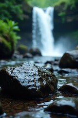 Wet, dark rocks dominate foreground with blurred waterfall background , scenic, nature