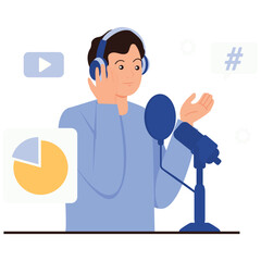 Content Marketing Illustation. Vector illustration of A man recording a podcast with a professional microphone, wearing headphones. Isolated on background