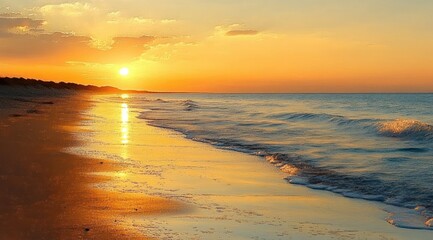 Fototapeta premium Serene sunset over calm ocean waves washing onto a sandy beach with golden reflections and a partly cloudy sky