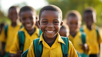 A young boy in a yellow shirt and green backpack standing in front of a group of children in yellow uniforms, all smiling and looking at the camera.