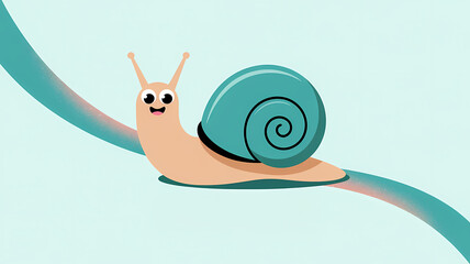 Flat Design Illustration of a Cheerful Cartoon Snail with a Teal Spiral Shell on a Soft Gradient Background