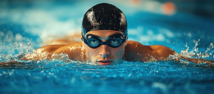 Focused swimmer wearing black swim cap and goggles swimming breaststroke in an indoor pool with water splashing around