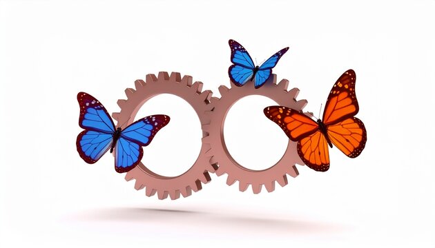 Growth mindset, motivation and self-improvement: Mindset shift, gears transforming into butterflies.