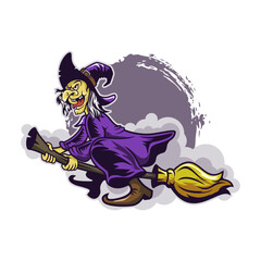 witch flying colorful cartoon illustration