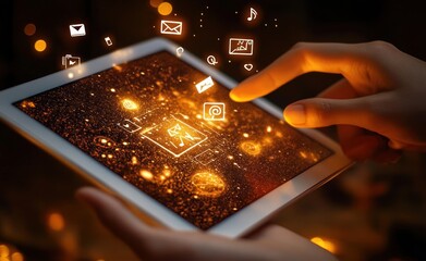 Close-up of hands interacting with a tablet displaying glowing digital icons and symbols floating above the screen in a dark environment