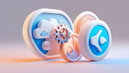 Fototapeta premium 3D pack of app icons cloud storage, message bubble, settings gear, media play isolated, soft lighting, vector feel