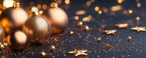 Shiny golden Christmas ornaments and star-shaped decorations scattered on textured dark surface with warm bokeh lights in the background, festive mood