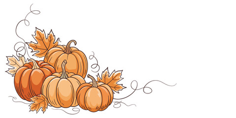 Naklejka premium Festive Autumn Corner Design with Vibrant Pumpkins and Warm Falling Leaves for Seasonal Celebrations