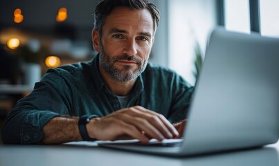 Focused middle-aged man with beard working on laptop in modern indoor setting during daytime
