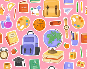 Seamless pattern, school supplies, stickers on pink background. Globe, backpack, watch, book, ball, palette, stationery. Cute childish ornament for fabric, paper, print.