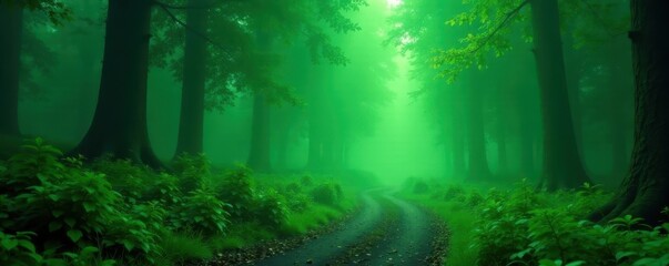 Glowing green mist shrouds path through mystical woods , spiritual, illumined