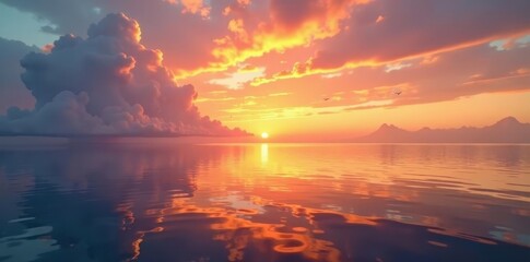 Golden hues paint the sky, calm sea reflects vibrant dawn , rays, sun