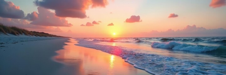 Pastel sunrise over tranquil South Carolina beach; gentle waves lap shore , light, nature
