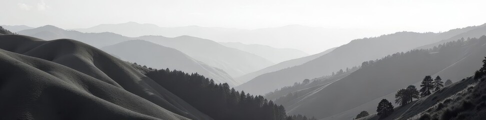 Rolling hills, misty valleys, grayscale serenity , countryside, soft