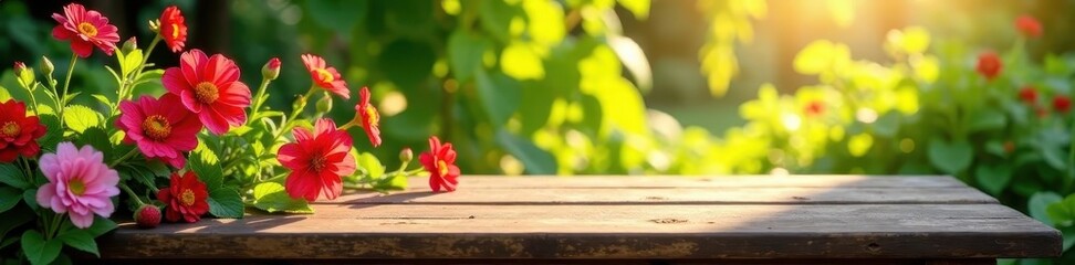Sun-drenched wooden table amidst vibrant blooms and lush greenery , still life, setting