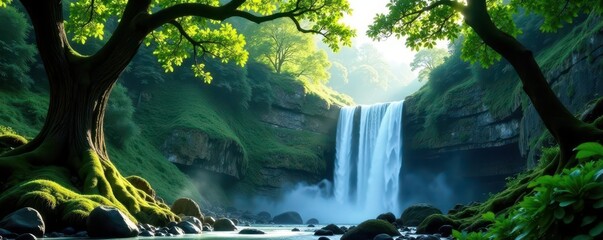 Towering trees, cascading waterfall, abundant vegetation, trees, leaves, paradise