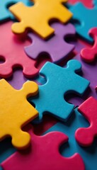 Vibrant jigsaw puzzle pieces interlock, close-up view , texture, pieces