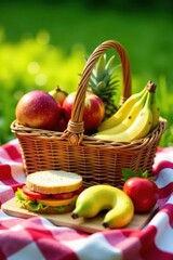 Vibrant colored picnic basket, checkered blanket, fresh fruit, sandwiches , healthy, field