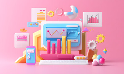 3D vector illustration of digital marketing and web design elements, in a minimalistic style on a pink background