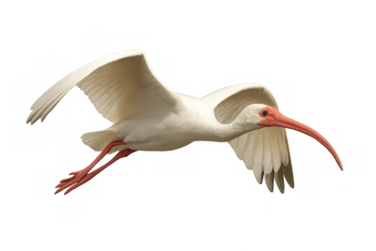 American white ibis gracefully soaring with spread wings, isolated on a transparent background