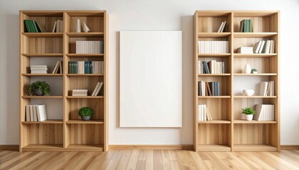Blank vertical poster mockup in modern interior with wooden bookshelves on light wall background, perfect for clean design presentations and layouts. 3D Rendering