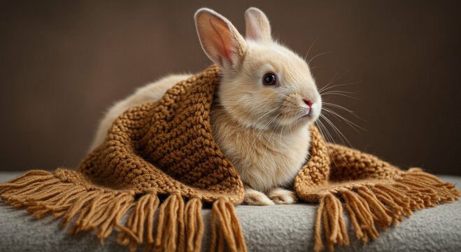 Adorable Fluffy Bunny Wrapped in Warm Knitted Scarf Cozy Autumn Pet Portrait - Powered by Adobe