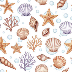 Obraz premium Seamless Watercolor Underwater Pattern with Starfish, Seashells, and Coral - Ocean Life Background
