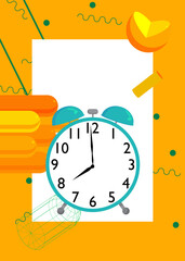 Alarm Clock geometrical graphic retro theme background. Minimal geometric elements. Vintage abstract shapes vector illustration.