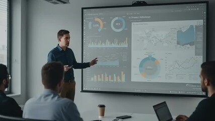 Professional presentation in a modern office with a speaker discussing data analytics on a screen - Powered by Adobe