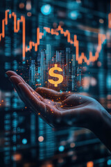 Photography of human hand holding digital S hologram with trading market graph background.