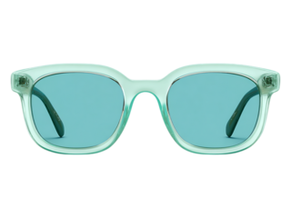 Close up of light green sunglasses with blue tinted lenses.