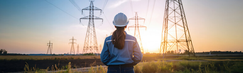 Engineer standing at high voltage transmission power station.