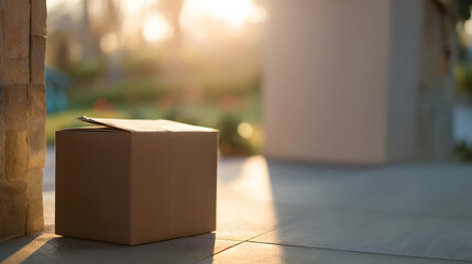 A cardboard package arrives at the doorstep, symbolizing convenience and modern delivery services.