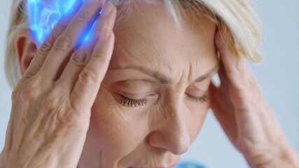 Mature woman experiencing headache with glowing brain visual, emphasizing pain and neurological distress - Powered by Adobe