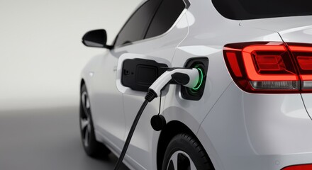 Fototapeta premium A white electric vehicle is shown from the rear, with a charging cable plugged into its charging port, illuminated by a green light.