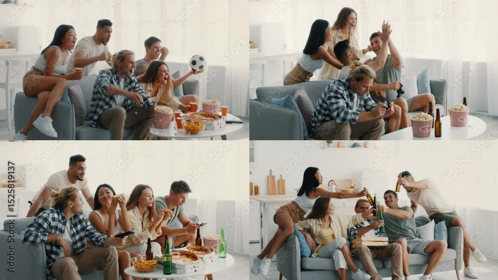 Poster a diverse group of friends relaxes at home, sharing laughs and snacks while engaging in various acti