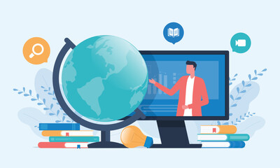 online education and E-learning at home by webinar training and design for global Webinar, online video training, tutorial podcast and business coaching concept.

