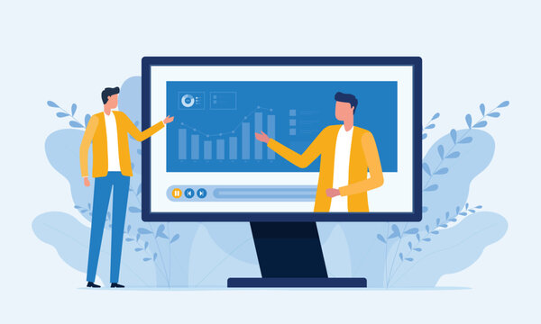 business working with video conference meetings online and online Financial advisor, video training, tutorial podcast and business coaching concept.
