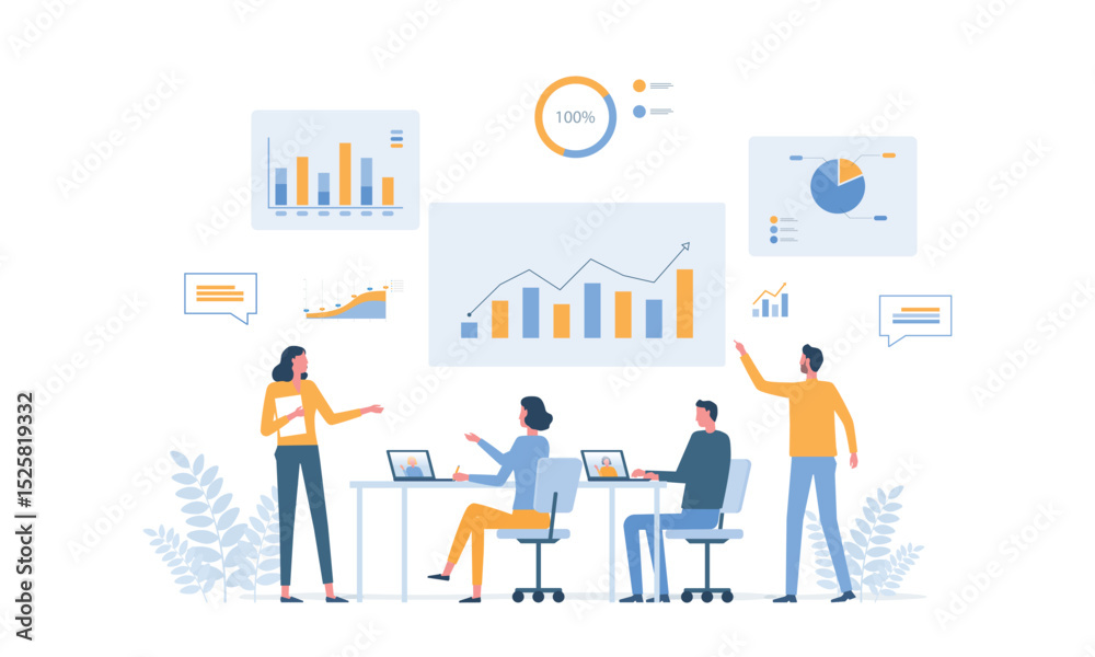 Poster group business team meeting and working collaboration in office workplace concept. flat vector illus