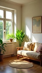 A sun-drenched, cozy living room, filled with plants and natural light, exuding a sense of calm and contentment Perfect for representing well-being and inner peace , restful, comfort, spacious