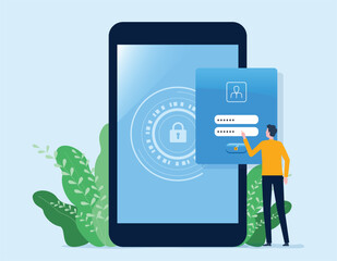 flat vector illustration design concept business Cyber security concept, data protection, business people  use mobile phone with login password popup
