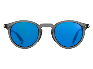 Close up of gray framed sunglasses with blue mirrored lens.