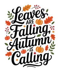 Obraz premium Whimsical Autumn Calligraphy Design with Falling Leaves and Pumpkins, Perfect for Seasonal Apparel