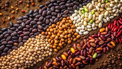 Fototapeta premium A vibrant collection of legumes arranged in parallel rows against a rich soil background, showcasing the diverse colors and textures of various bean and pea varieties.