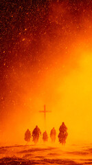 Christ explorers Walking Towards a Glowing Jesus Christ Cross in a Atmospheric Setting.