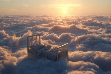 Bed floating amongst clouds at sunrise creating a surreal dreamlike atmosphere.