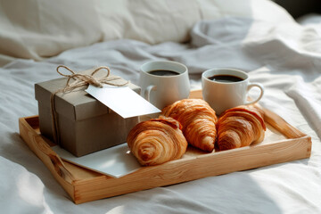 Croissant with coffee and gift box and white blank labeled card on a wooden tray.