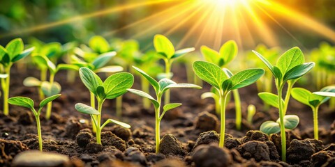 Vibrant green seedlings emerging from dark soil bathed in the warm glow of the rising sun, a symbol of new life and growth.